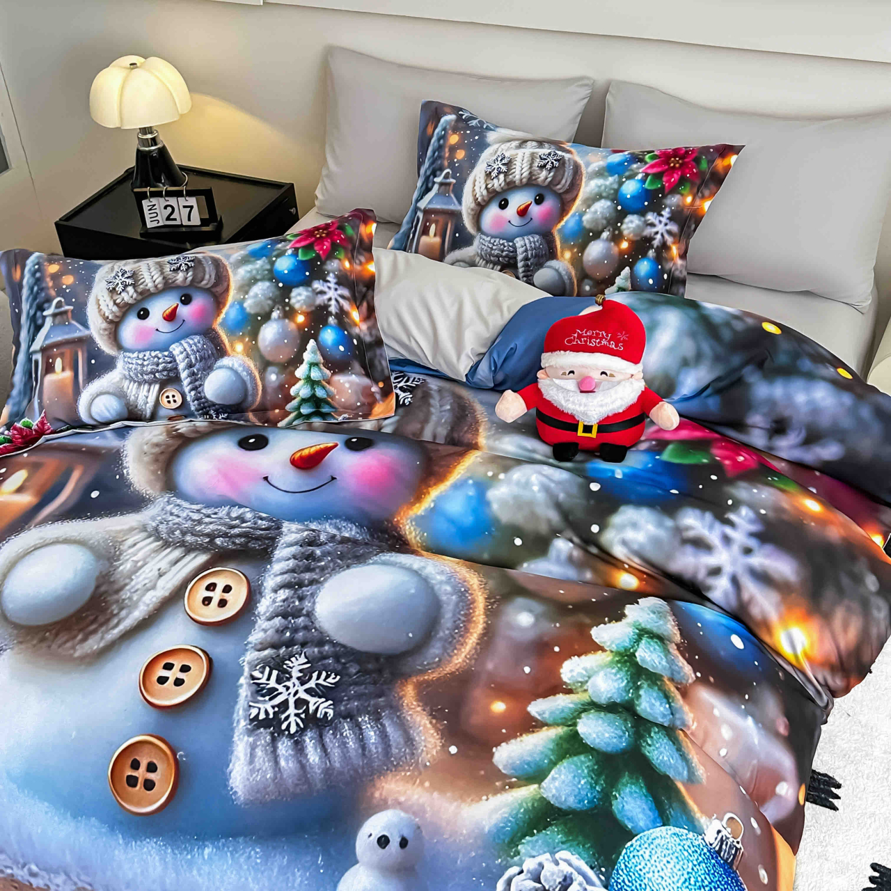 Lenjerie pat de Craciun cu elastic,pat dublu,bumbac finet,6 piese, imprimeu 5D Omul de zapada cu globuri argintii si albastre-A1198 [2]