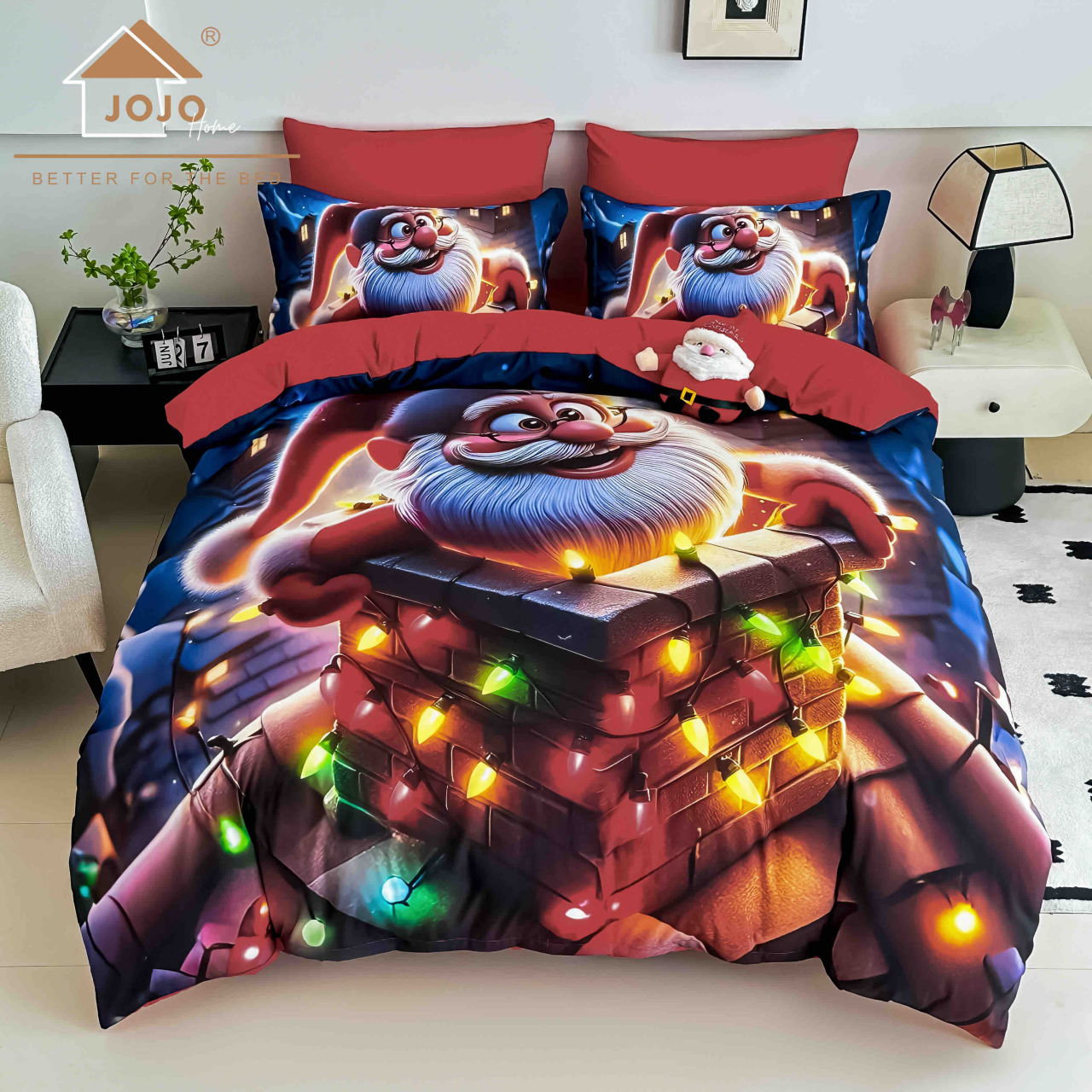 Lenjerie pat de Craciun cu elastic,pat dublu,bumbac finet,6 piese, imprimeu 5D Mos Craciun cu instalatie colorata,rosie-A1192 [1]