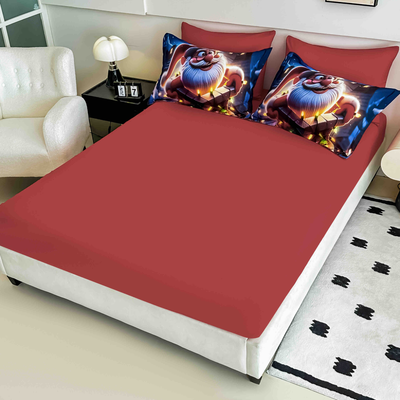 Lenjerie pat de Craciun cu elastic,pat dublu,bumbac finet,6 piese, imprimeu 5D Mos Craciun cu instalatie colorata,rosie-A1192 [4]