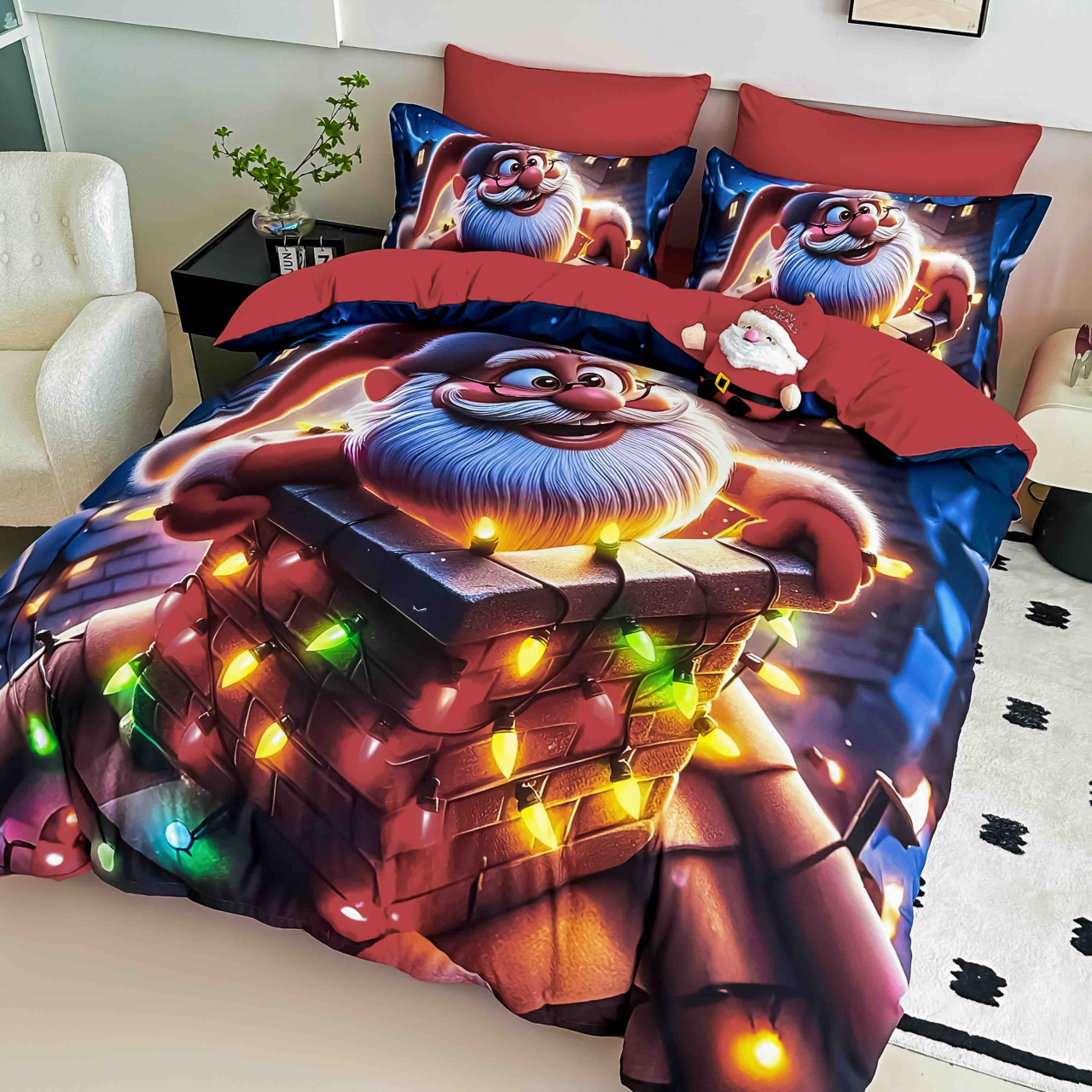 Lenjerie pat de Craciun cu elastic,pat dublu,bumbac finet,6 piese, imprimeu 5D Mos Craciun cu instalatie colorata,rosie-A1192 [3]