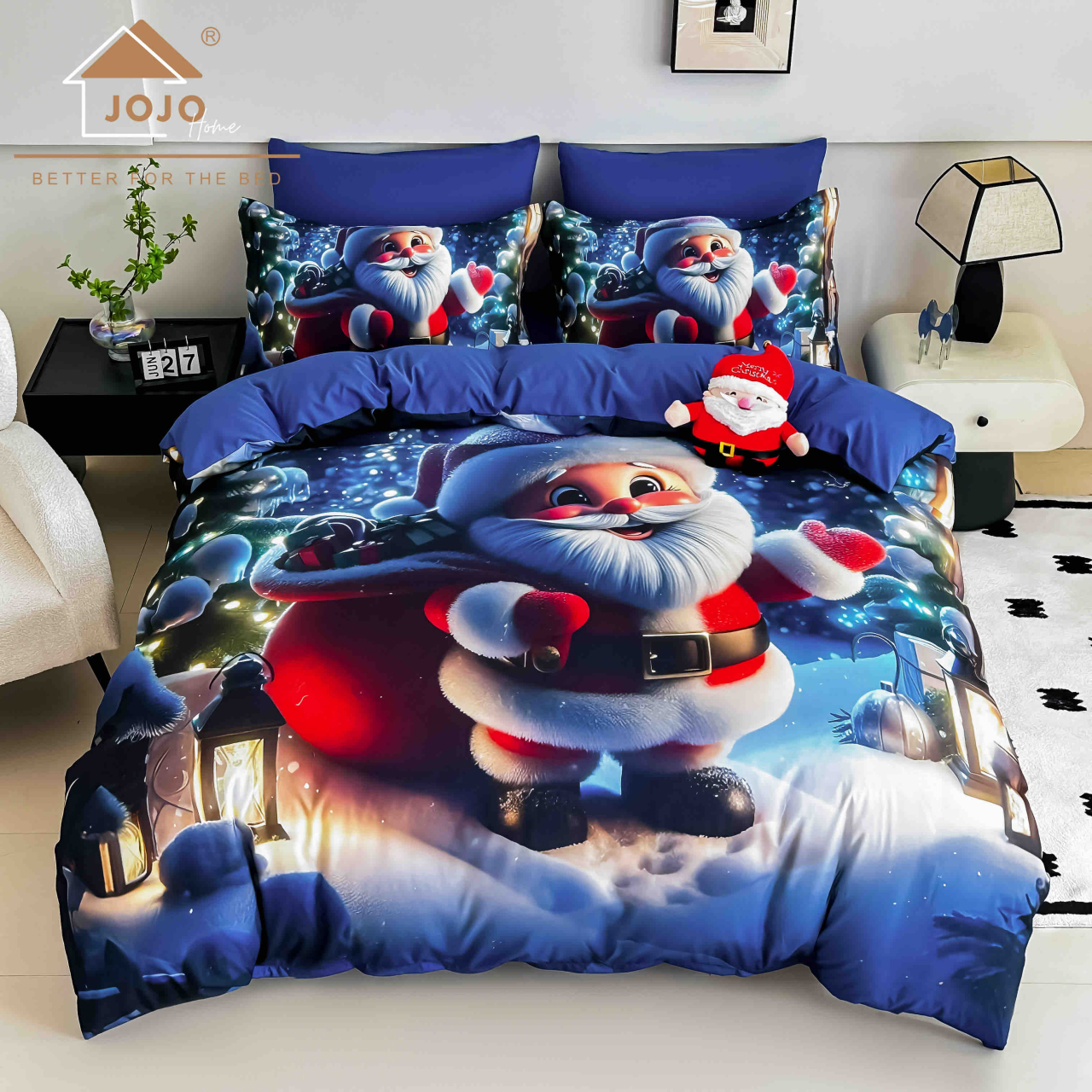 Lenjerie pat de Craciun cu elastic,pat dublu,bumbac finet,6 piese, imprimeu 5D Mos Craciun cu sacul de cadouri,albastra-A1195 [1]