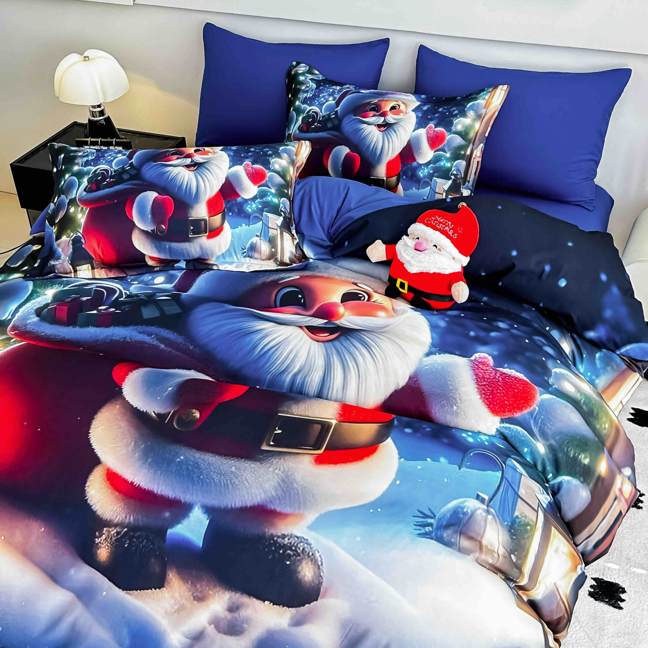 Lenjerie pat de Craciun cu elastic,pat dublu,bumbac finet,6 piese, imprimeu 5D Mos Craciun cu sacul de cadouri,albastra-A1195 [2]
