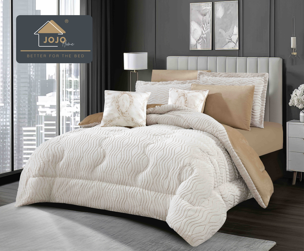 Lenjerie pat cu pilota inclusa din catifea si blanita artificiala de iepure cu doua fete,cearceaf cu elastic,bej+crem - A1201 [2]