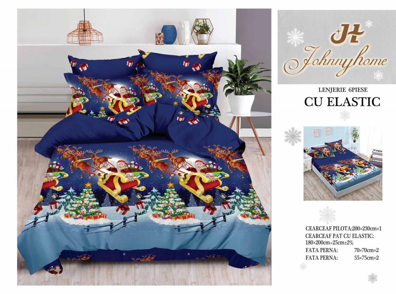 Lenjerie pat de Craciun cu elastic,pat dublu,bumbac finet,6 piese,bleumarin cu Mos Craciun-A642 [2]