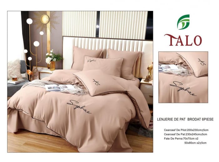 Lenjerie pat dublu,bumbac fin,6 piese,brodata,cappuccino-A226 [3]