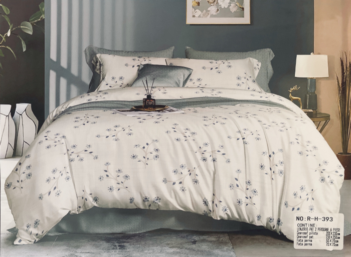 Lenjerie pat dublu,bumbac finet,6 piese,alba cu gri si flori-A377 [2]
