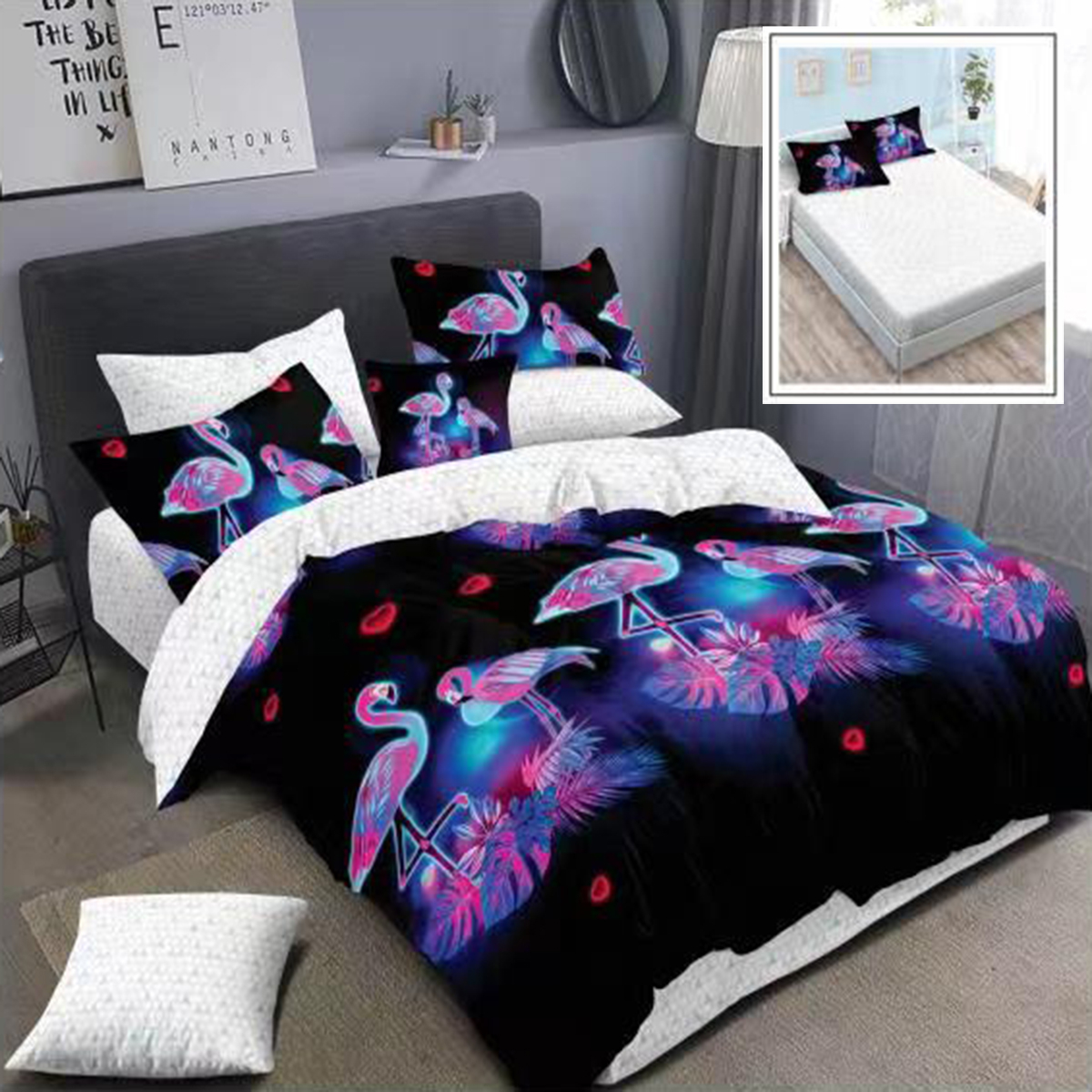 Lenjerie pat dublu,bumbac finet,6 piese,cearceaf cu elastic 160/180x200cm, cearceaf pilota 200x230cm, 2 fete de perna 50x70, 2 fete de perna 70x70-HF6P1 [1]