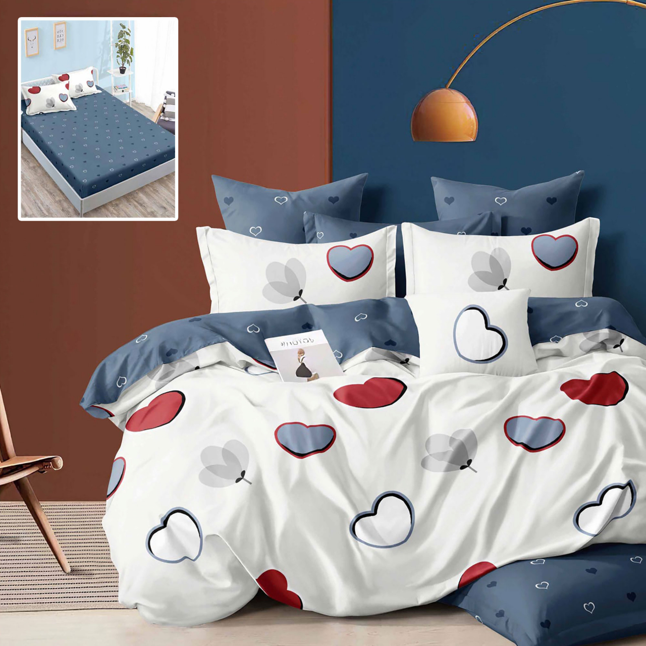 Lenjerie pat dublu,bumbac finet,6 piese,cearceaf cu elastic 160/180x200cm, cearceaf pilota 200x230cm, 2 fete de perna 50x70, 2 fete de perna 70x70-HF6P176 [1]