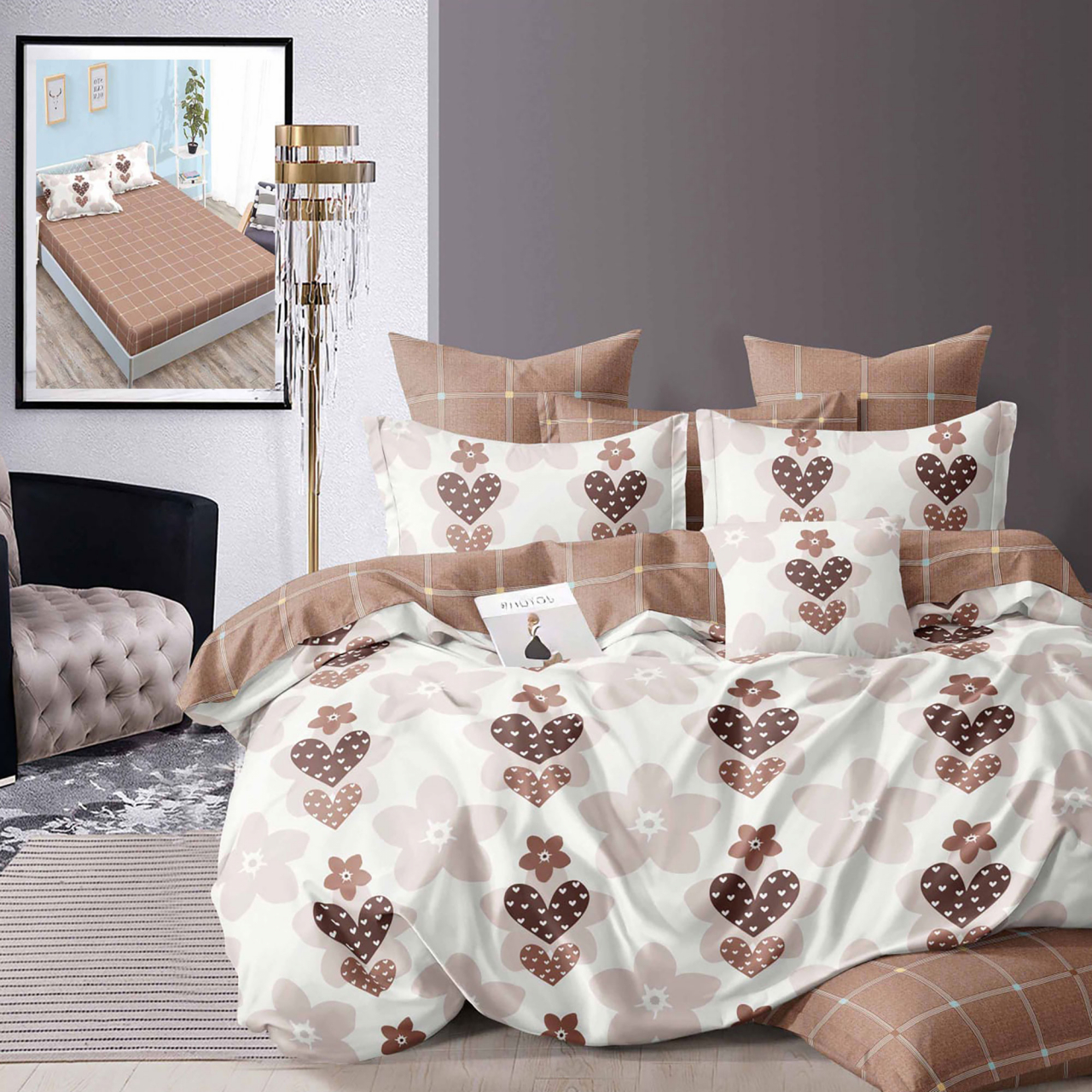 Lenjerie pat dublu,bumbac finet,6 piese,cearceaf cu elastic 160/180x200cm, cearceaf pilota 200x230cm, 2 fete de perna 50x70, 2 fete de perna 70x70-HF6P170 [1]