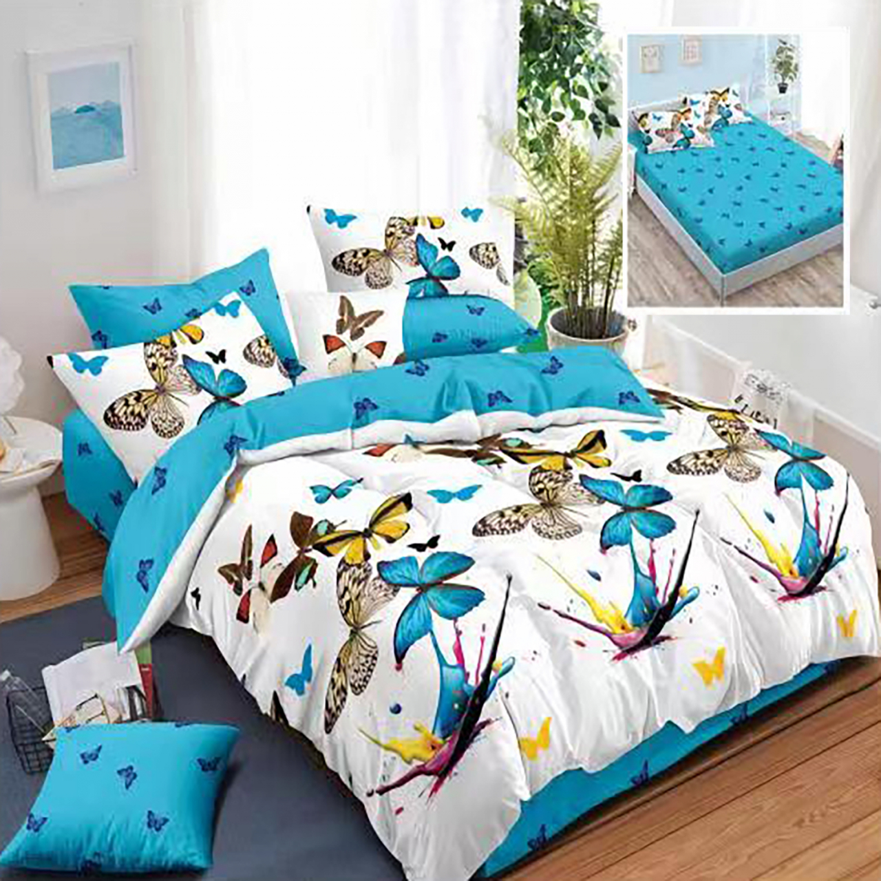 Lenjerie pat dublu,bumbac finet,6 piese,cearceaf cu elastic 160/180x200cm, cearceaf pilota 200x230cm, 2 fete de perna 50x70, 2 fete de perna 70x70-HF6P49 [1]