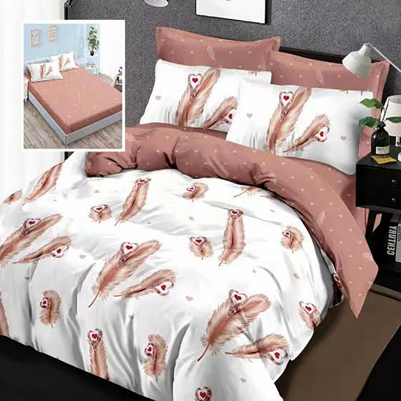 Lenjerie pat dublu,bumbac finet,6 piese,cearceaf cu elastic 160/180x200cm, cearceaf pilota 200x230cm, 2 fete de perna 50x70, 2 fete de perna 70x70-HF6P60 [1]