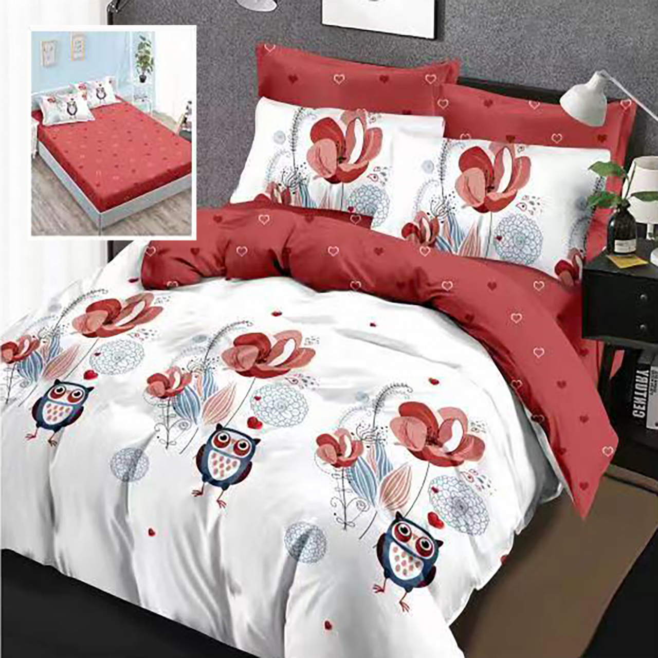 Lenjerie pat dublu,bumbac finet,6 piese,cearceaf cu elastic 160/180x200cm, cearceaf pilota 200x230cm, 2 fete de perna 50x70, 2 fete de perna 70x70-HF6P61 [1]