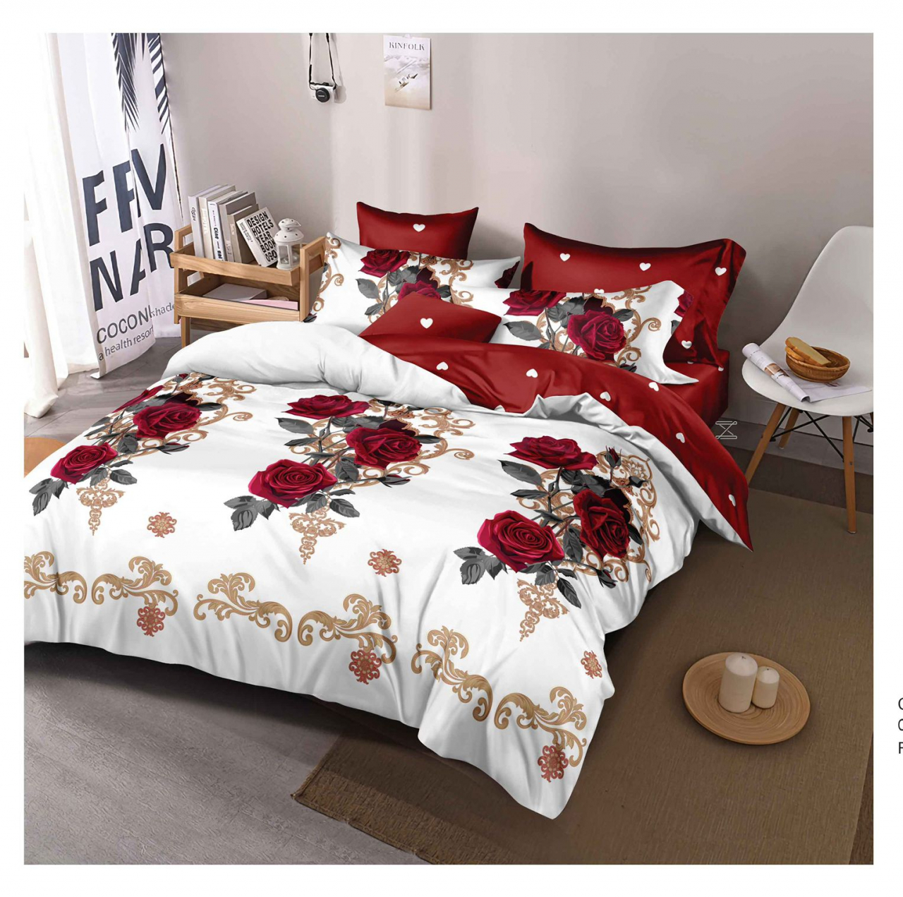 Lenjerie pat dublu,bumbac finet,6 piese,cearceaf cu elastic 180x200cm, cearceaf pilota 200x230cm, 2 fete de perna 50x70, 2 fete de perna 70x70-A1111 [1]