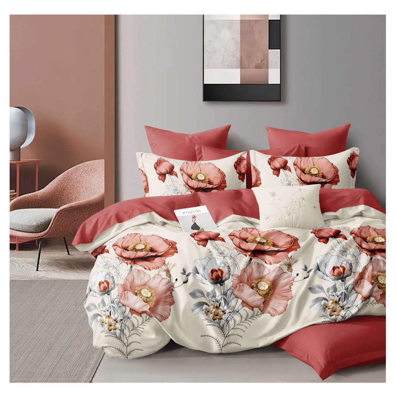 Lenjerie pat dublu,bumbac finet,6 piese,cearceaf cu elastic 180x200cm, cearceaf pilota 200x230cm, 2 fete de perna 50x70, 2 fete de perna 70x70-A1125 [1]
