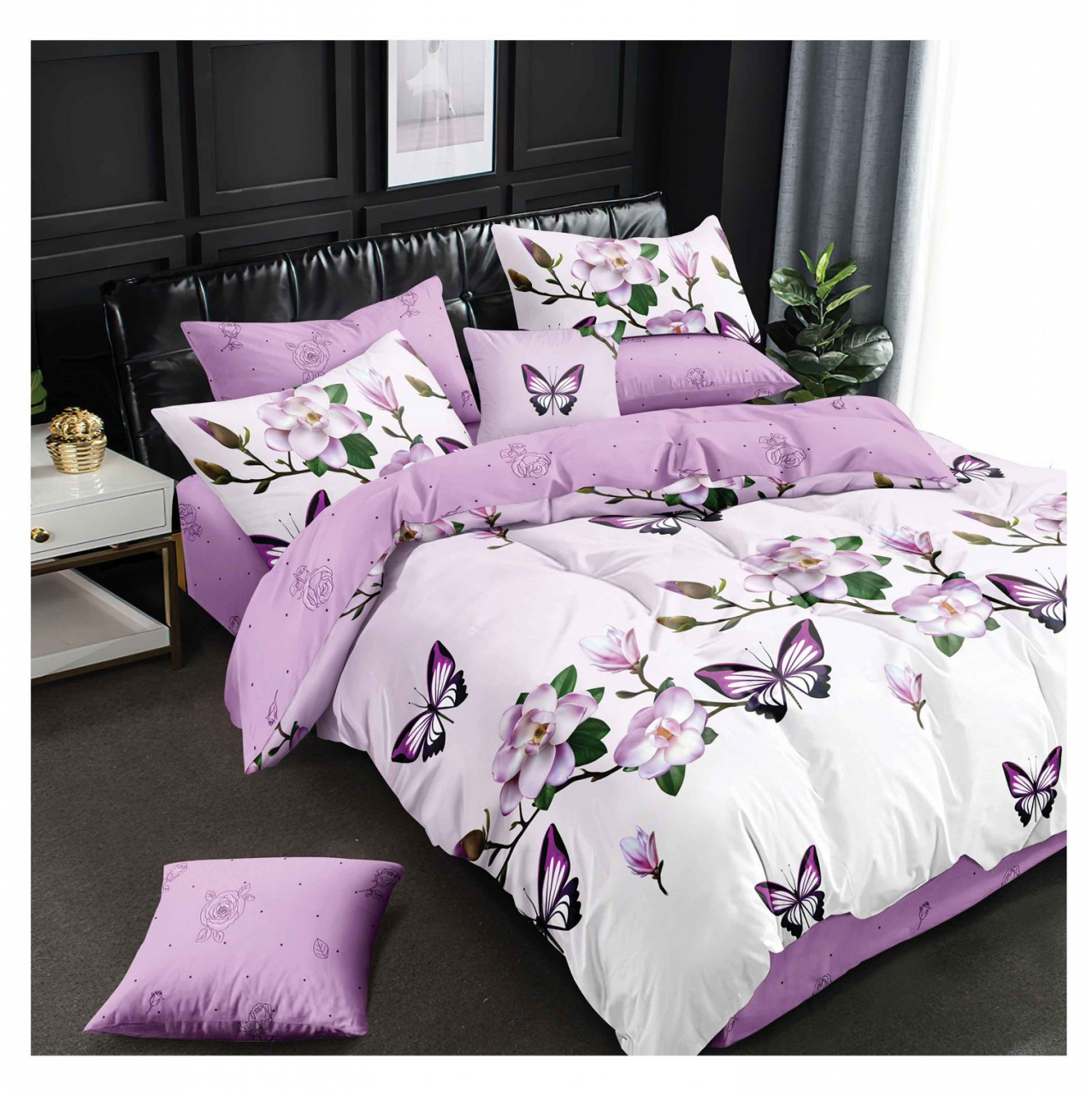 Lenjerie pat dublu,bumbac finet,6 piese,cearceaf cu elastic 180x200cm, cearceaf pilota 200x230cm, 2 fete de perna 50x70, 2 fete de perna 70x70-A1132 [1]