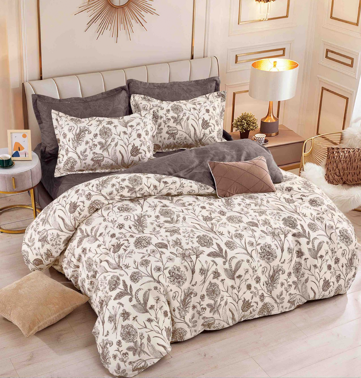 Lenjerie pat dublu,bumbac finet,6 piese,cearceaf cu elastic,bej cu flori-A777 [1]