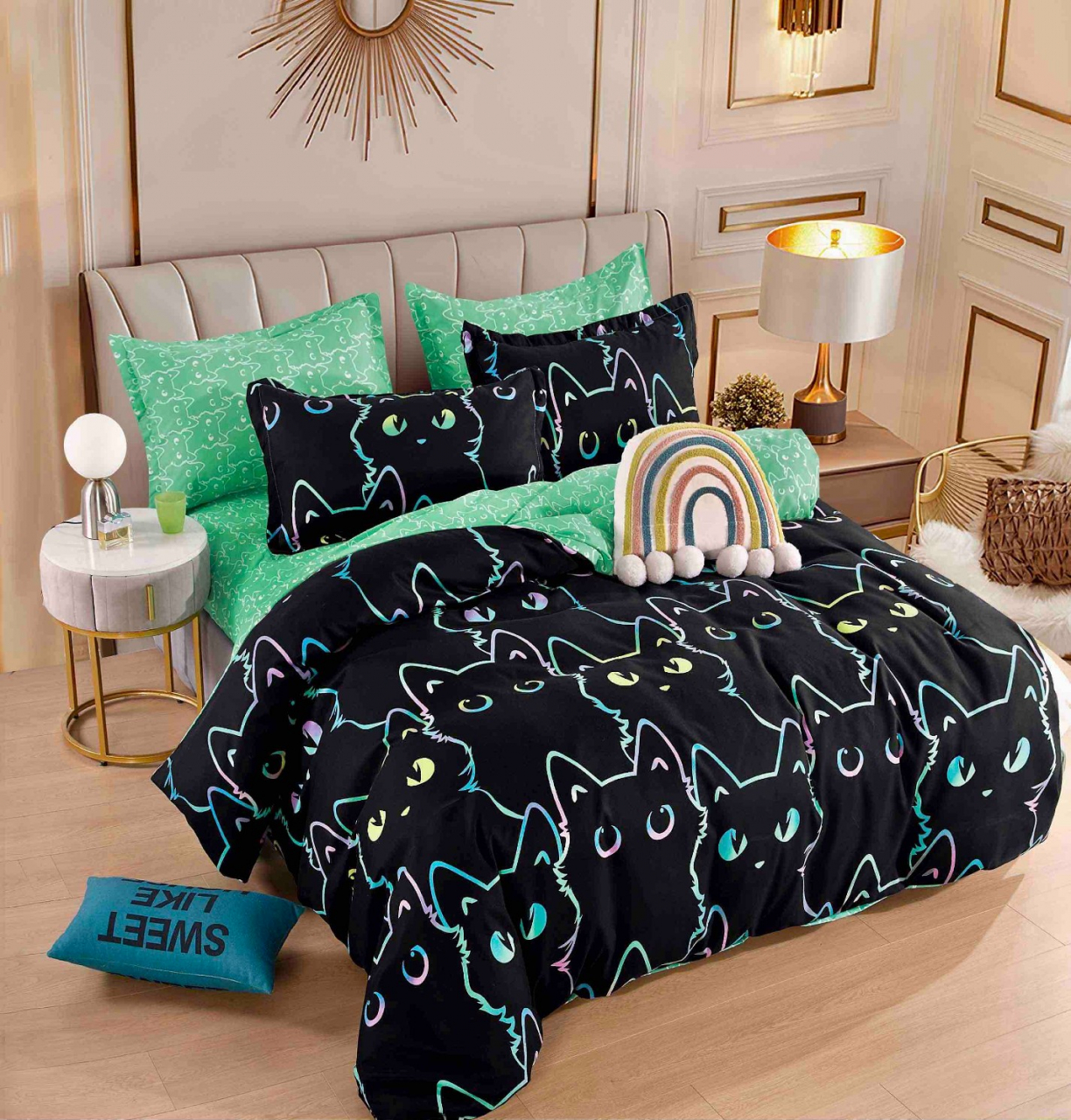 Lenjerie pat dublu,bumbac finet,6 piese,cearceaf cu elastic,neagra/verde cu pisici-A810 [1]