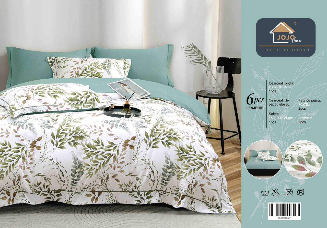 Lenjerie de lux pentru pat dublu,bumbac finet,6 piese,cearceaf cu elastic,alba/verde cu frunze-A991 [2]