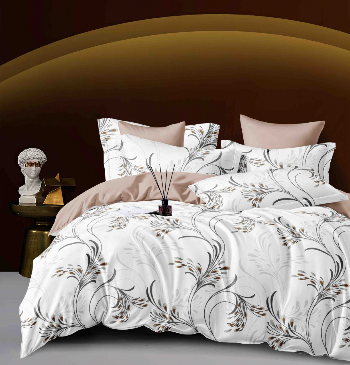 Lenjerie pat dublu,bumbac finet,6 piese,cearceaf cu elastic,alba/maro cu flori-A971 [1]