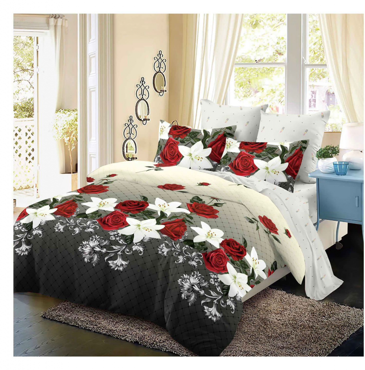 Lenjerie pat dublu,bumbac finet,6 piese,cearceaf normal 220x240cm, cearceaf pilota 200x220cm, 2 fete de perna 50x70, 2 fete de perna 70x70-A1055 [1]