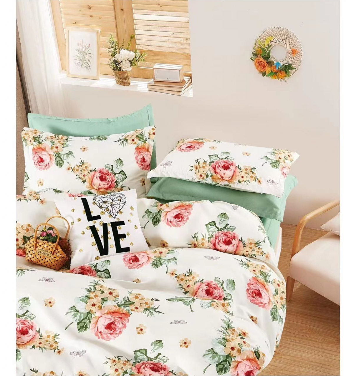 Lenjerie pat dublu,bumbac finet,6 piese,cearceaf normal 220x240cm, cearceaf pilota 200x220cm, 2 fete de perna 50x70, 2 fete de perna 70x70-A1063 [1]