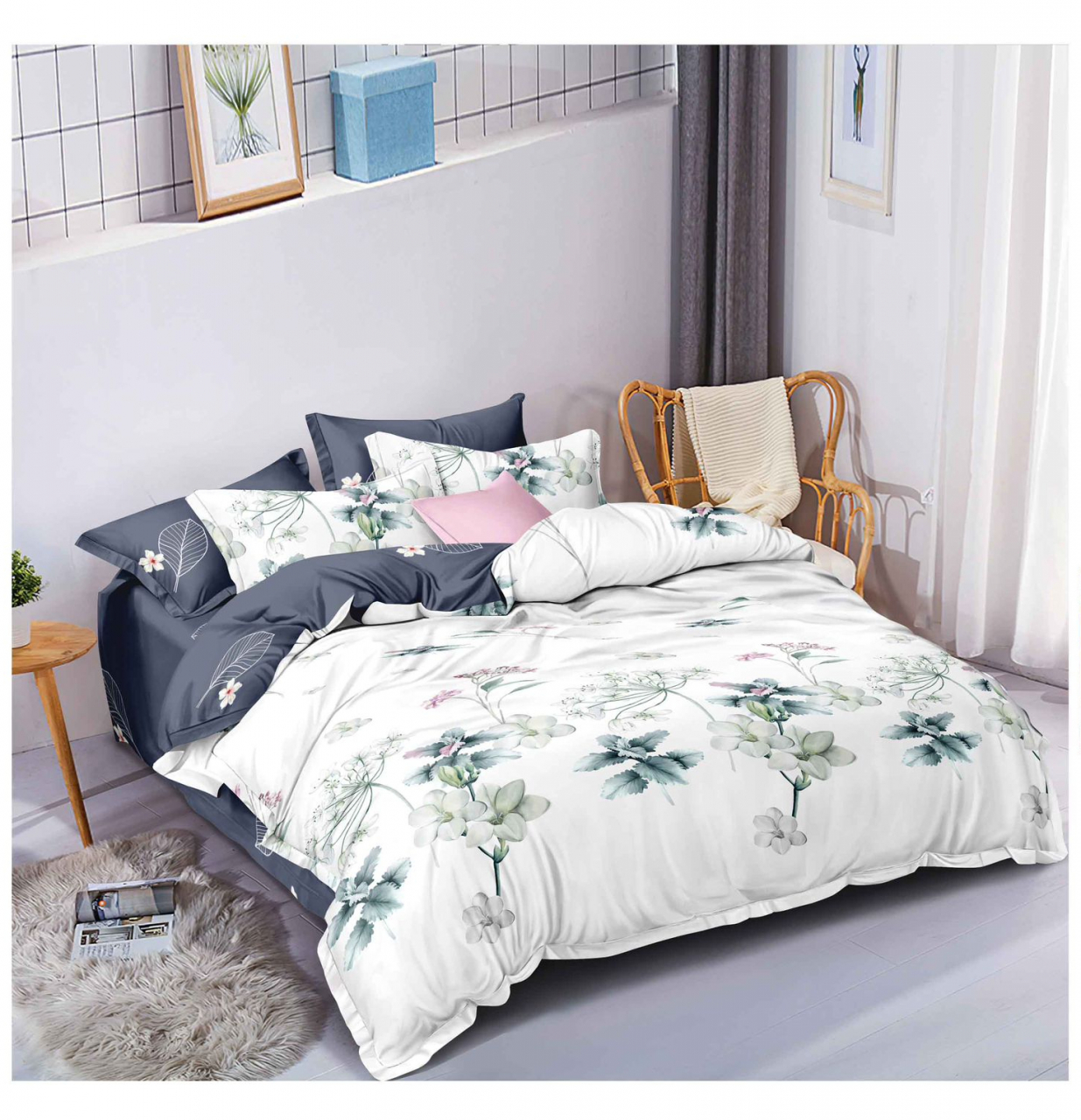 Lenjerie pat dublu,bumbac finet,6 piese,cearceaf normal 220x240cm, cearceaf pilota 200x220cm, 2 fete de perna 50x70, 2 fete de perna 70x70-A1102 [1]