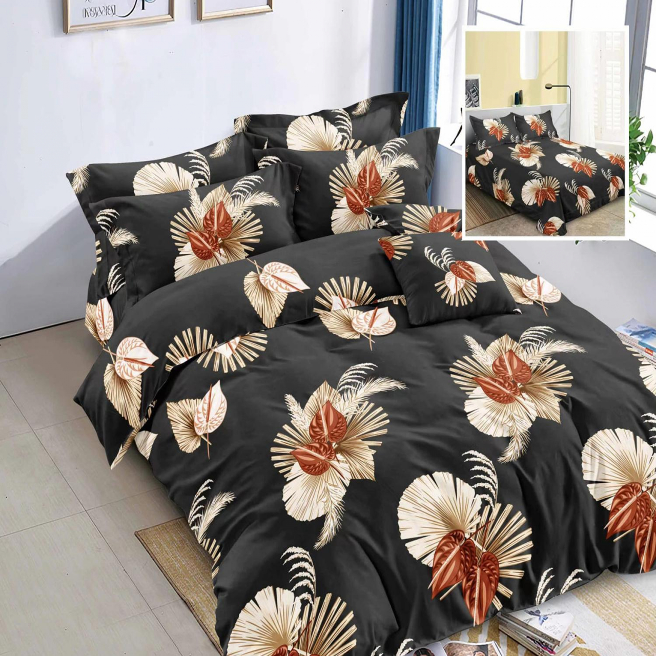 Lenjerie pat dublu,bumbac finet,6 piese,cearceaf normal 220x240cm, cearceaf pilota 200x220cm, 2 fete de perna 50x70, 2 fete de perna 70x70-M256 [1]