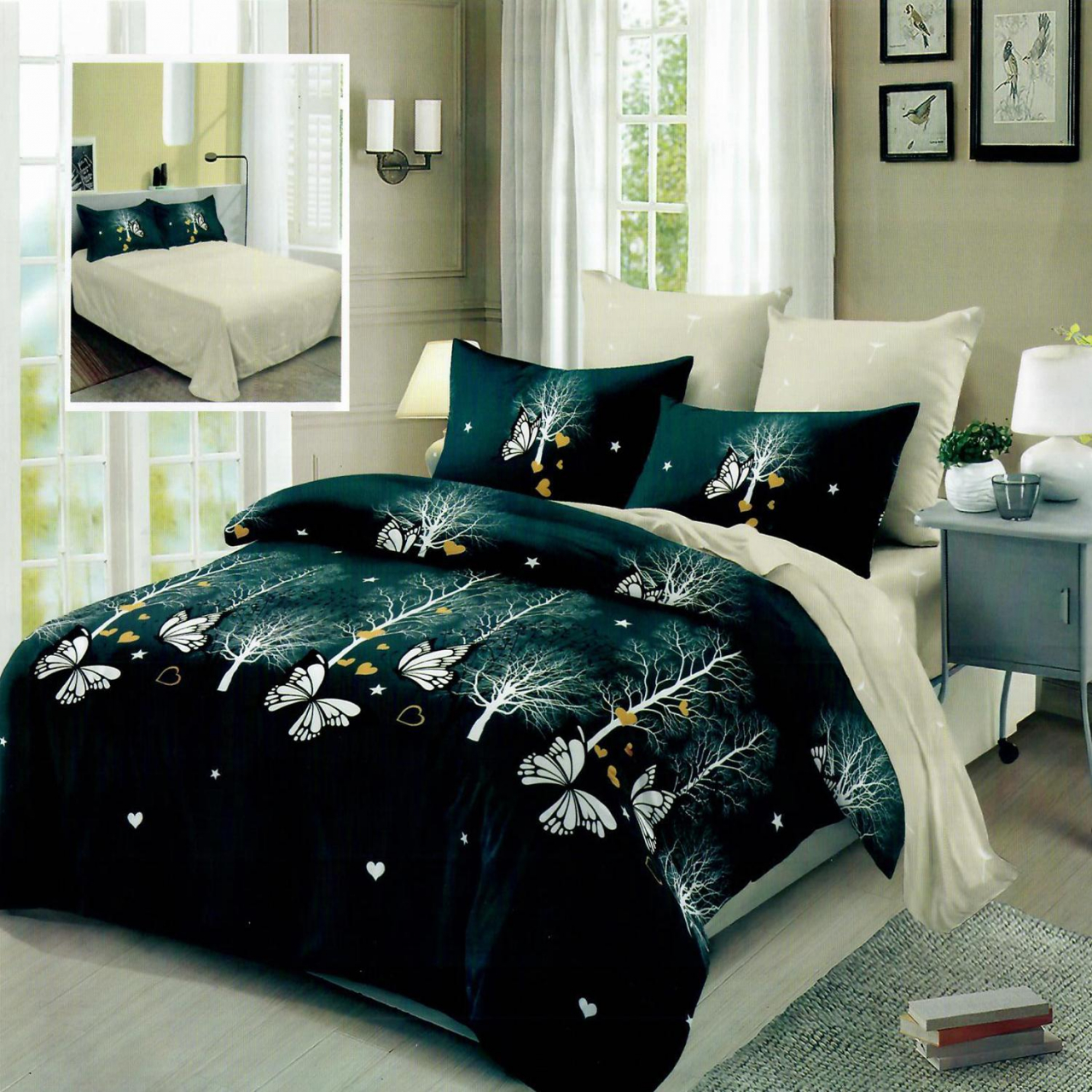Lenjerie pat dublu,bumbac finet,6 piese,cearceaf normal 220x240cm, cearceaf pilota 200x220cm, 2 fete de perna 50x70, 2 fete de perna 70x70-M311 [1]