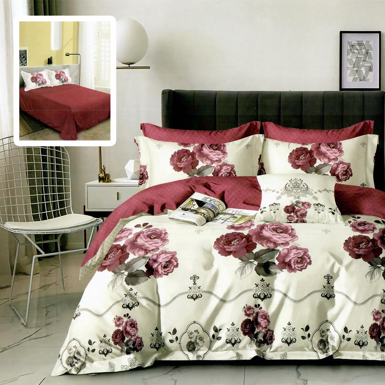 Lenjerie pat dublu,bumbac finet,6 piese,cearceaf normal 220x240cm, cearceaf pilota 200x220cm, 2 fete de perna 50x70, 2 fete de perna 70x70-M334 [1]
