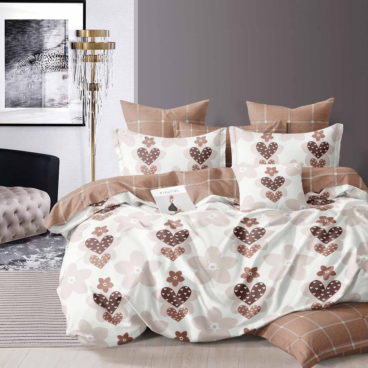 Lenjerie pat dublu,bumbac finet,6 piese,cearceaf normal 220x240cm, cearceaf pilota 200x220cm, 2 fete de perna 50x70, 2 fete de perna 70x70-M344 [1]