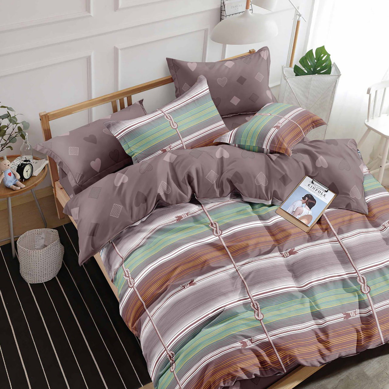 Lenjerie pat dublu,bumbac finet,6 piese,cearceaf normal 220x240cm, cearceaf pilota 200x220cm, 2 fete de perna 50x70, 2 fete de perna 70x70-M346 [1]