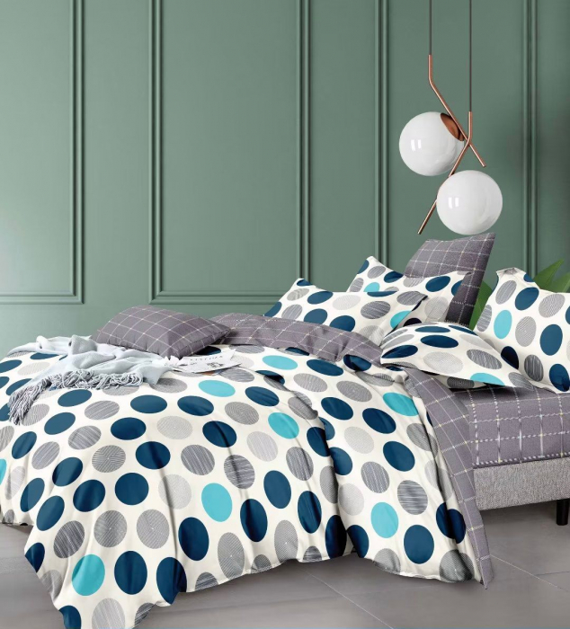 Lenjerie pat dublu,bumbac finet,6 piese,alba cu gri,buline-A490 [1]