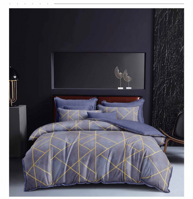 Lenjerie pat dublu,bumbac finet,6 piese,gri cu dungi aurii-A492 [1]