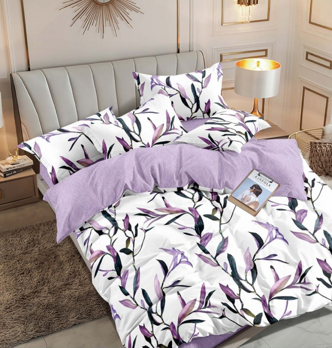 Lenjerie pat dublu,bumbac finet,6 piese cu elastic,alba/lila flori colorate-A313 [1]