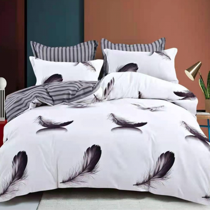 Lenjerie pat dublu,bumbac finet,6 piese,alb/gri cu pene-A285 [1]