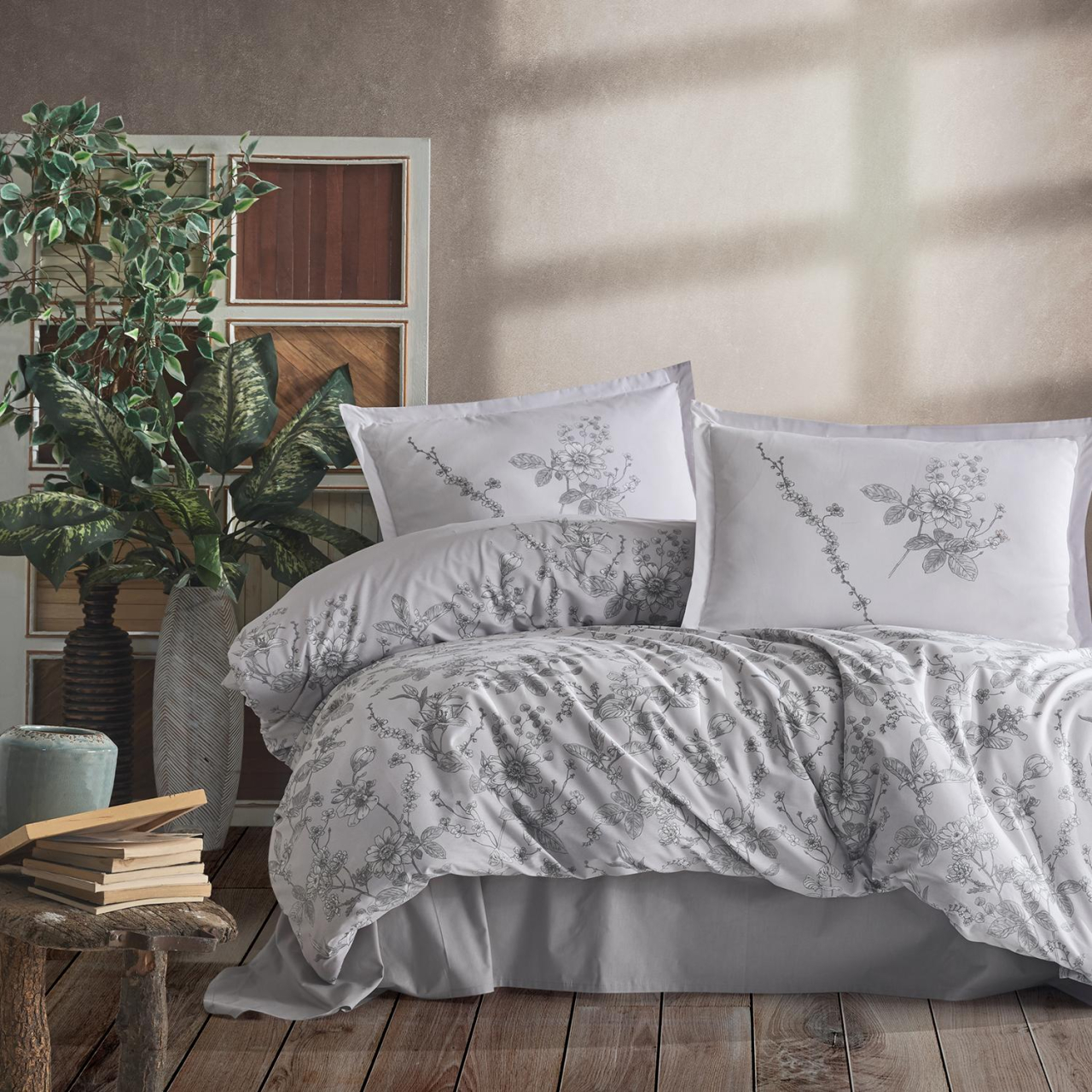 Lenjerie pat dublu,bumbac ranforce,4 piese,gri cu flori,Messina-A1302 [1]
