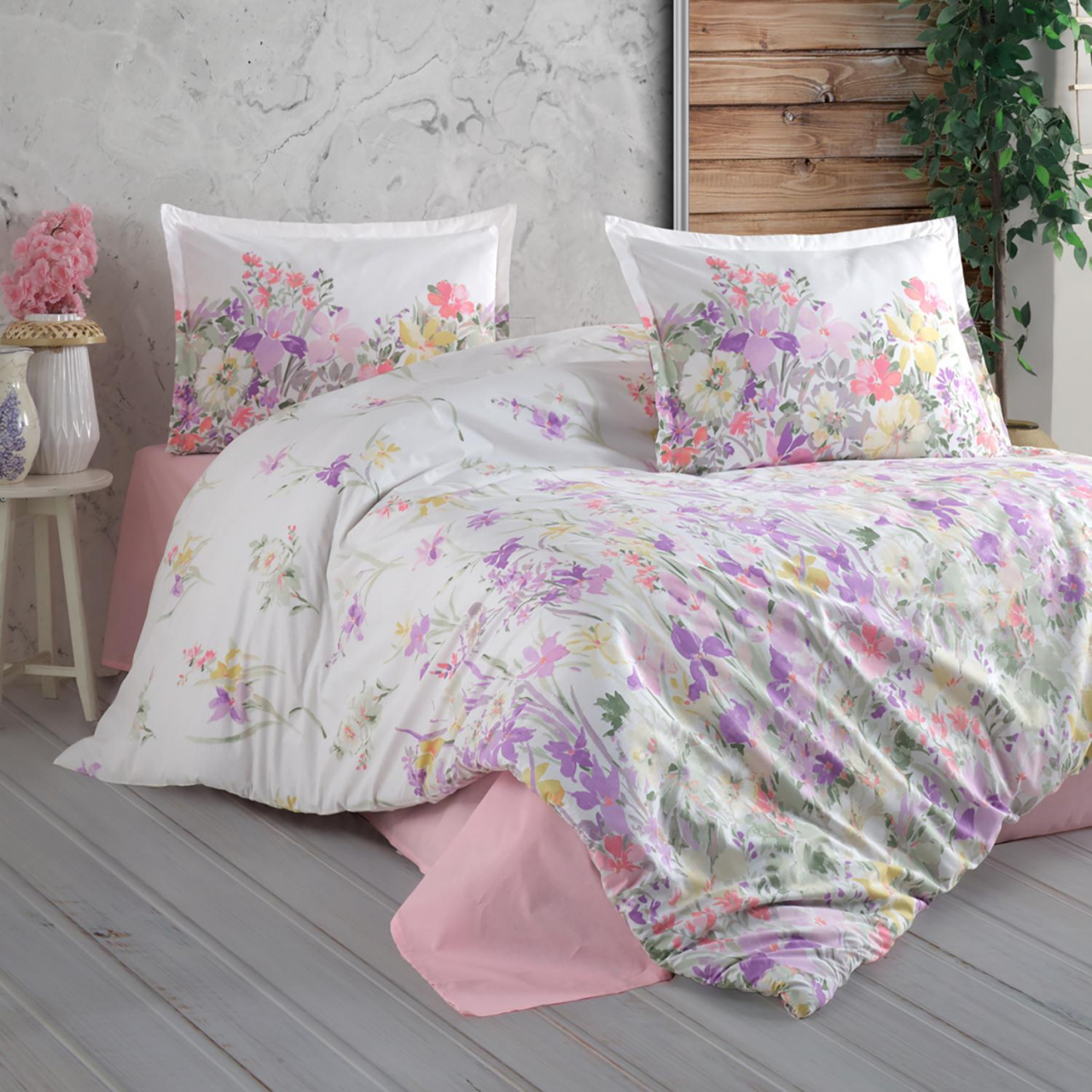 Lenjerie pat dublu,bumbac ranforce,4 piese,multicolora,Arse-A685 [1]