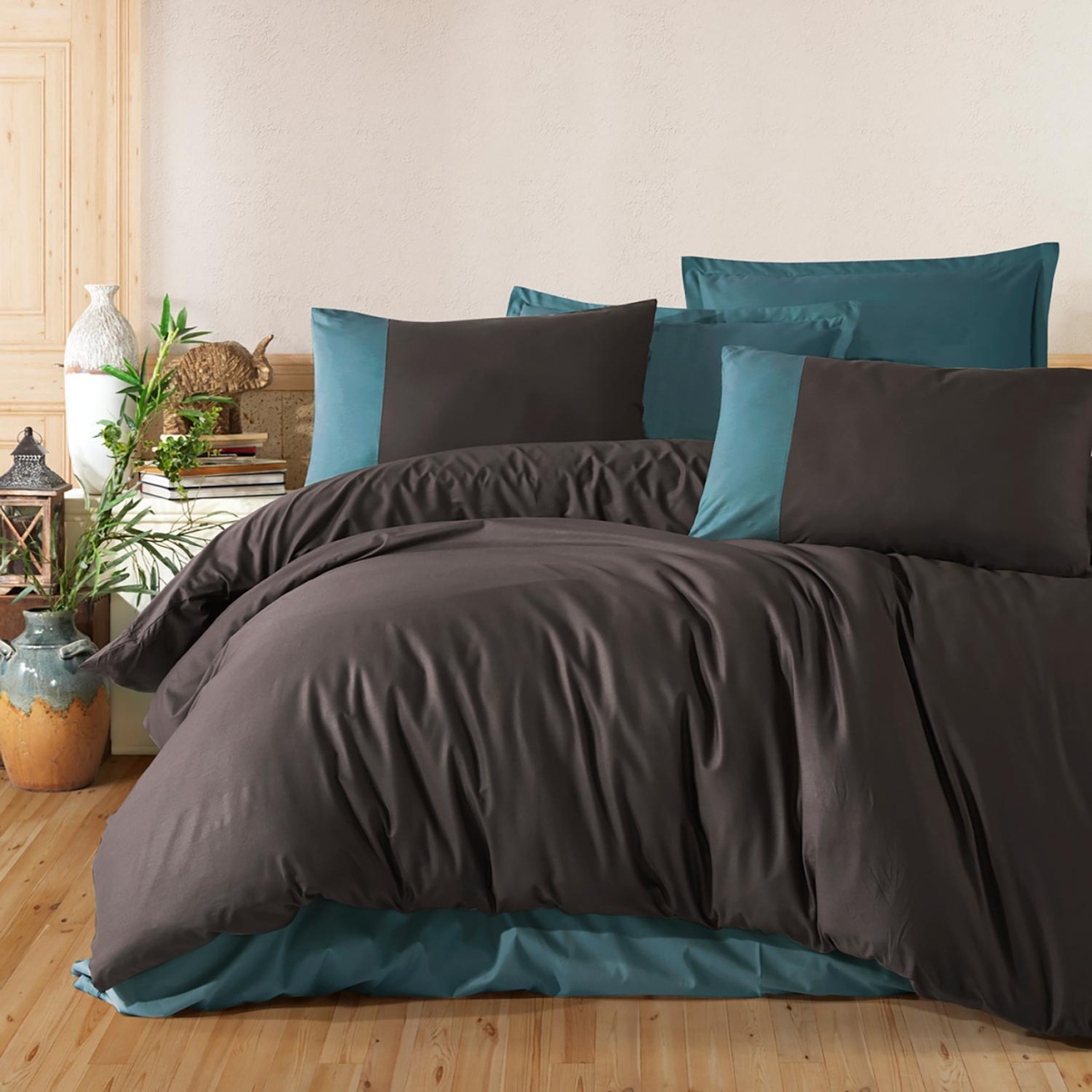 Lenjerie pat dublu,bumbac ranforce,4 piese,gri antracit cu turcoaz,PureV5-A1496 [1]