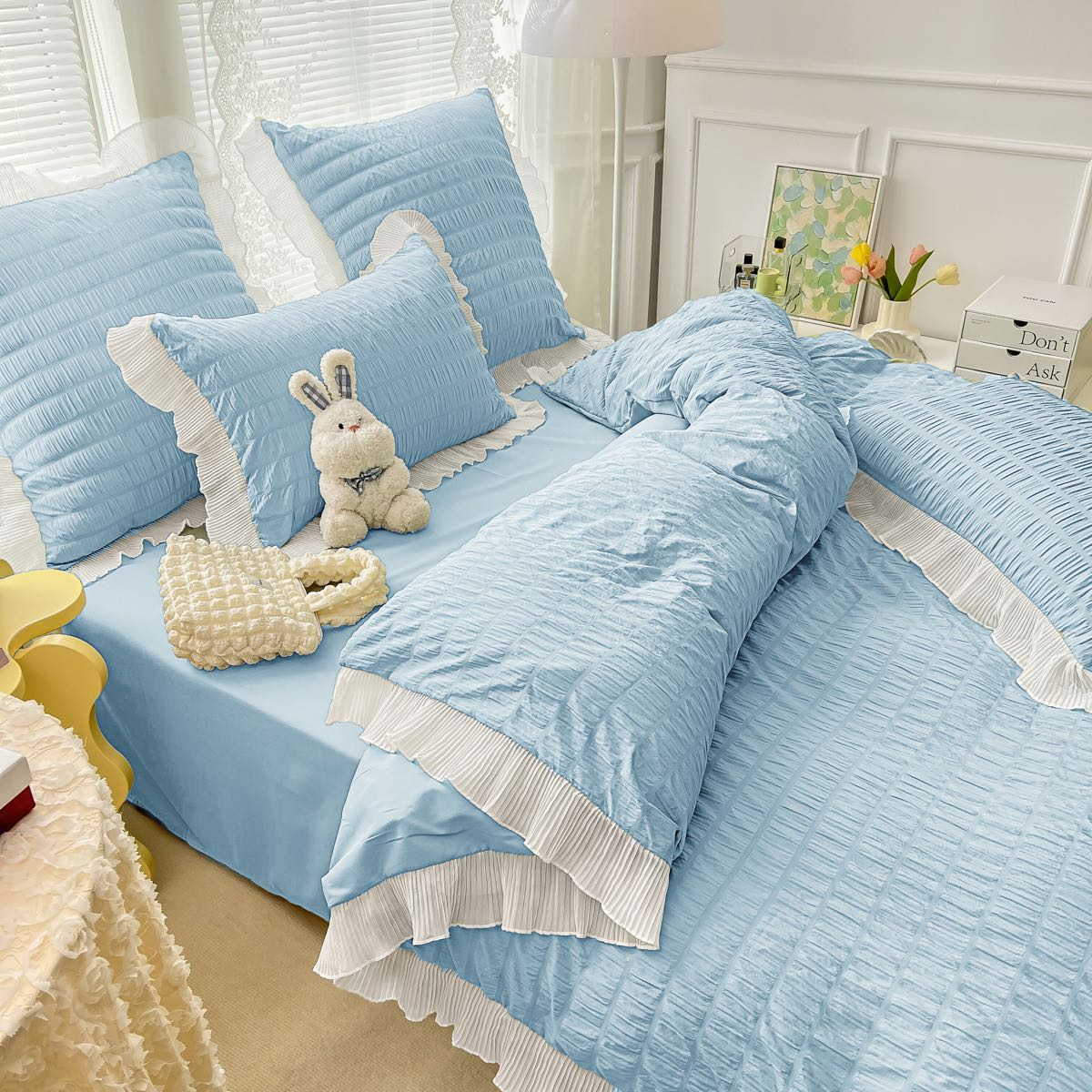 Lenjerie pat dublu creponata cu banda alba,bumbac finet,6 piese,bleu-A885 [2]
