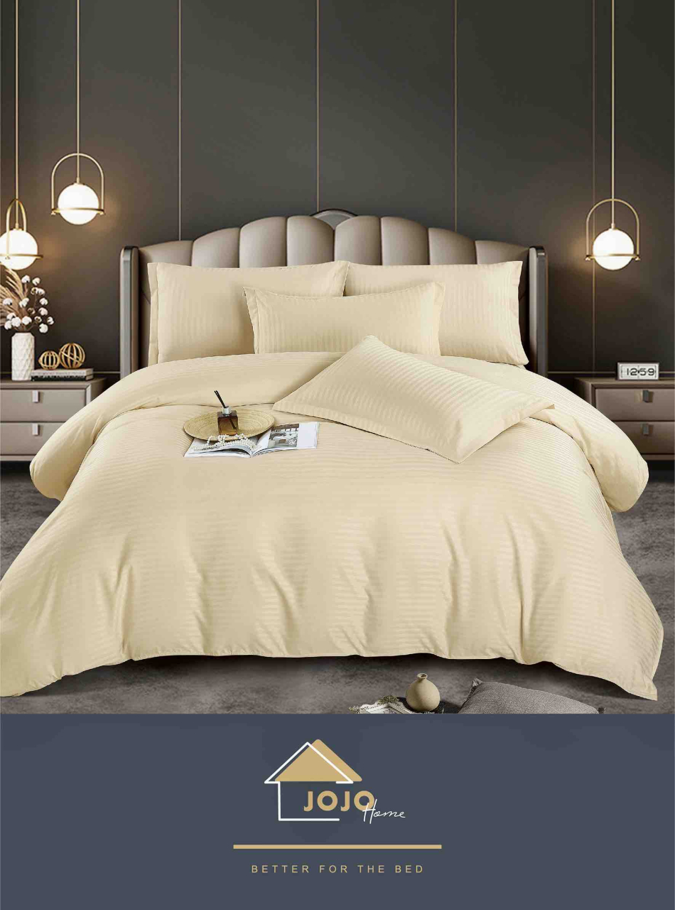 Lenjerie pat dublu cu 6 piese,damasc satinat,cearceaf cu elastic,dungi 1cm,crem-A1391 [3]