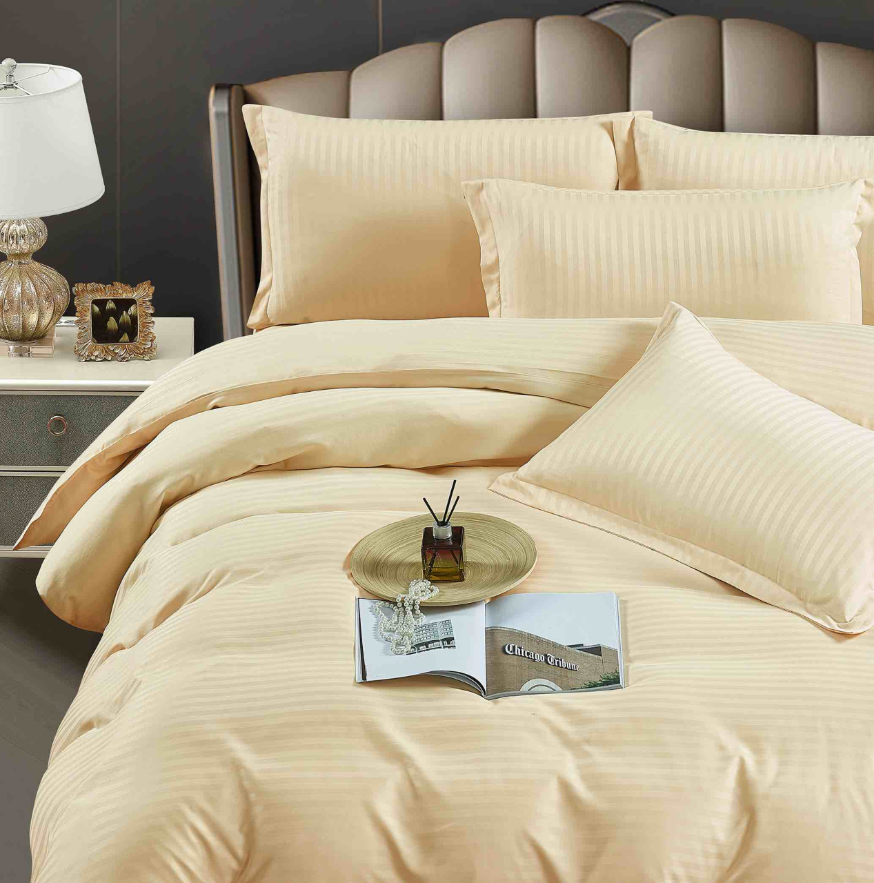 Lenjerie pat dublu cu 6 piese,damasc satinat,cearceaf cu elastic,dungi 1cm,crem-A1391 [2]