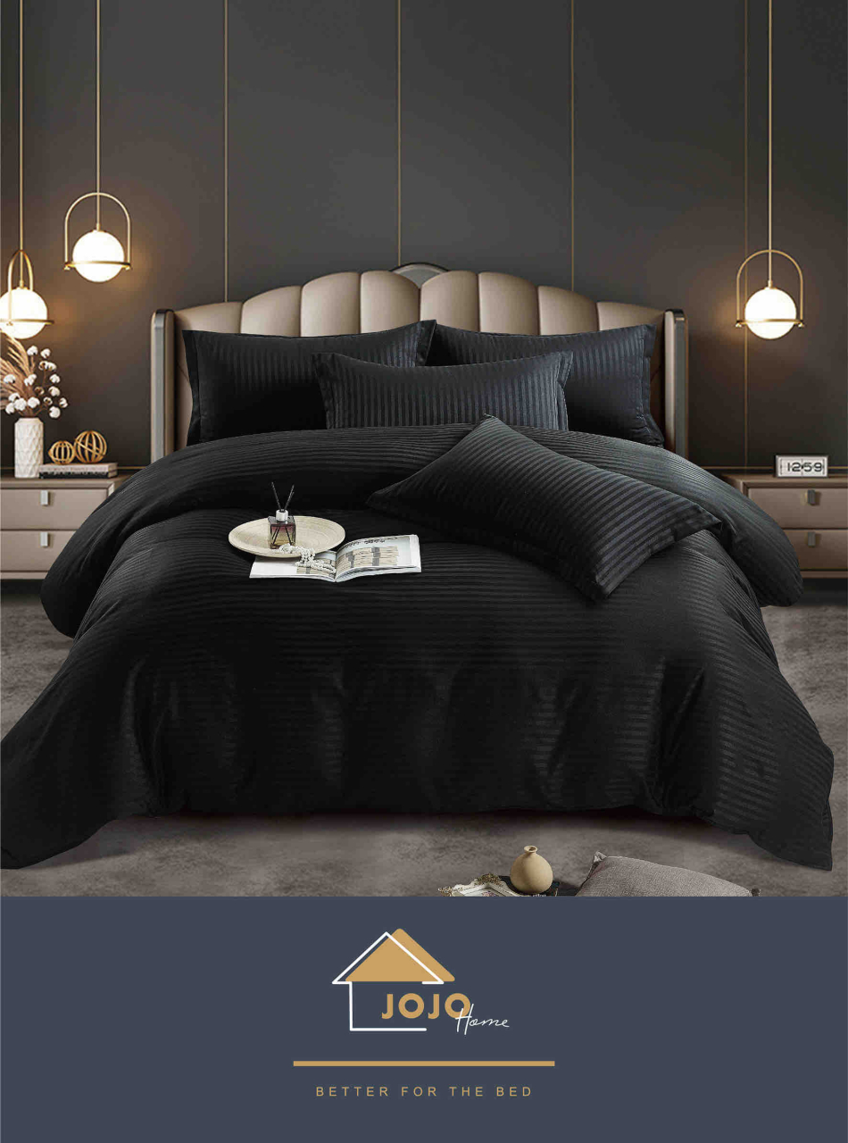 Lenjerie pat dublu cu 6 piese,damasc satinat,cearceaf cu elastic,dungi 1cm,neagra-A1400 [3]