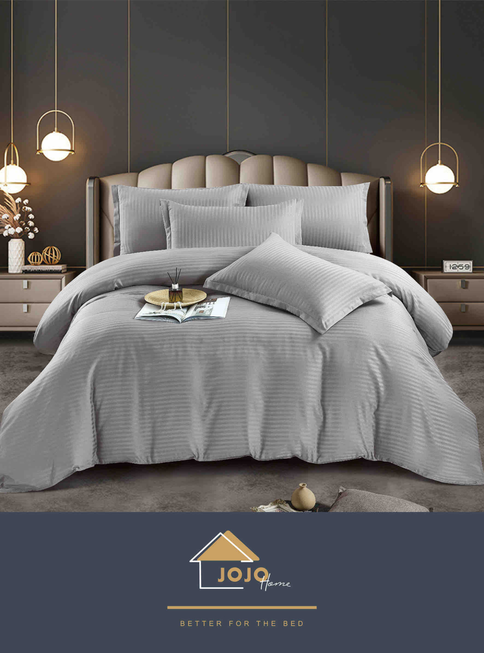 Lenjerie pat dublu cu 6 piese,damasc satinat,cearceaf cu elastic,dungi 1cm,gri deschis-A1392 [3]