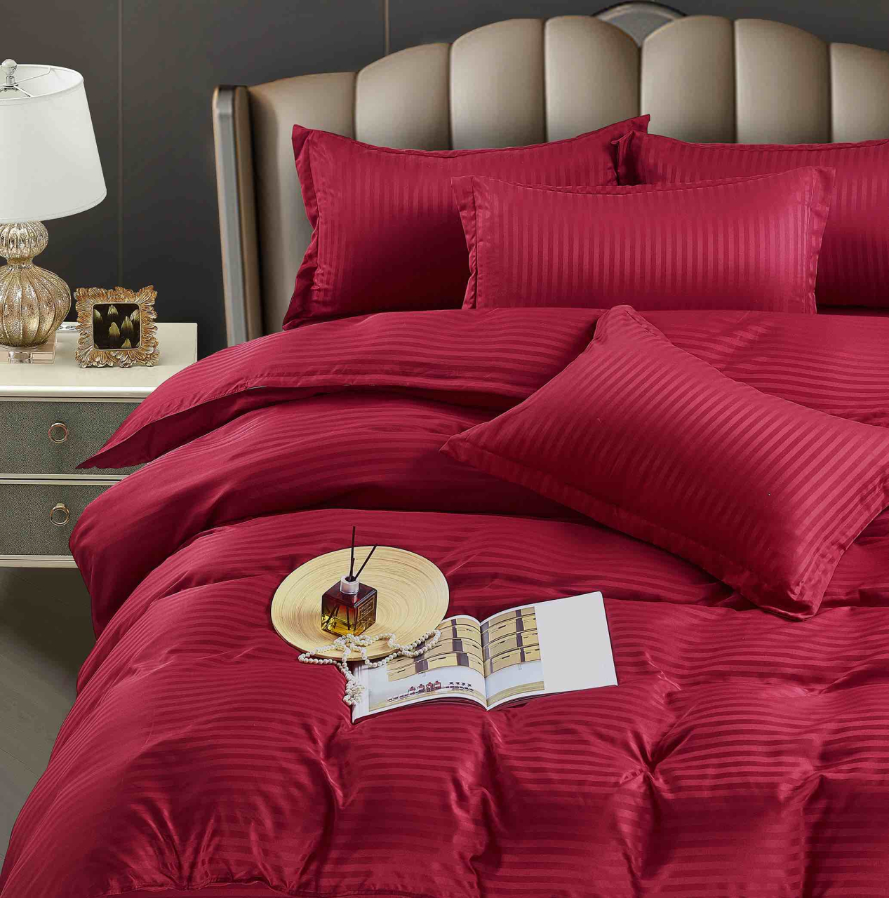 Lenjerie pat dublu cu 6 piese,damasc satinat,cearceaf cu elastic,dungi 1cm,visinie-A1401 [2]