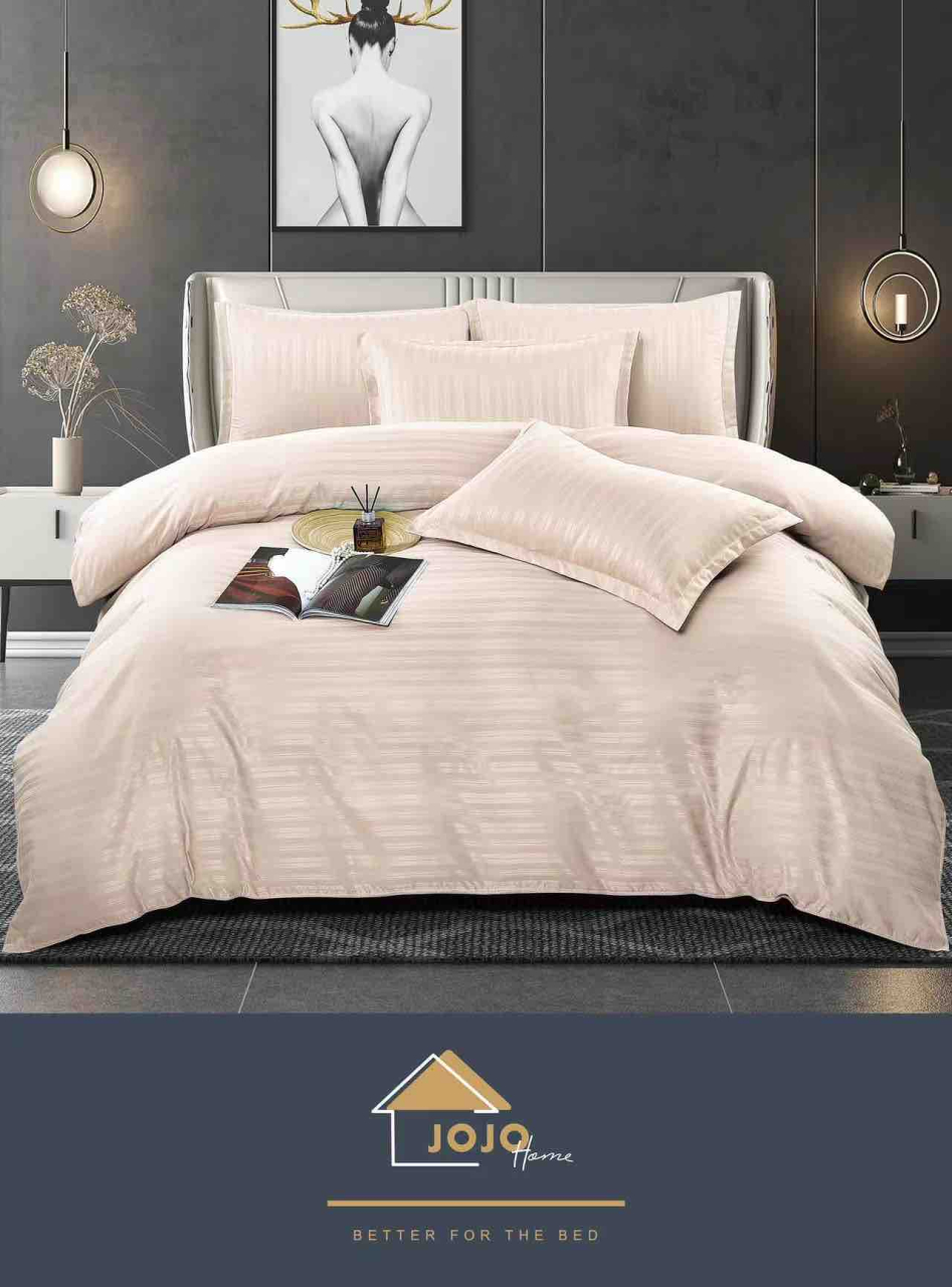 Lenjerie pat dublu cu 6 piese,damasc satinat,cearceaf cu elastic,dungi late,crem-A1404 [3]