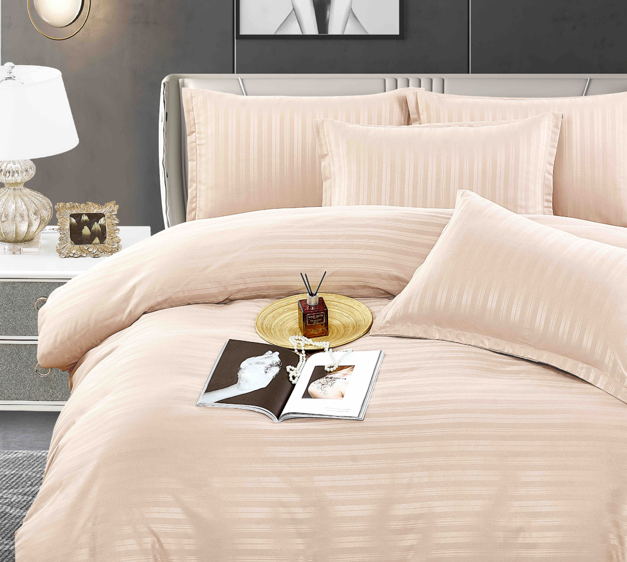 Lenjerie pat dublu cu 6 piese,damasc satinat,cearceaf cu elastic,dungi late,crem-A1404 [2]