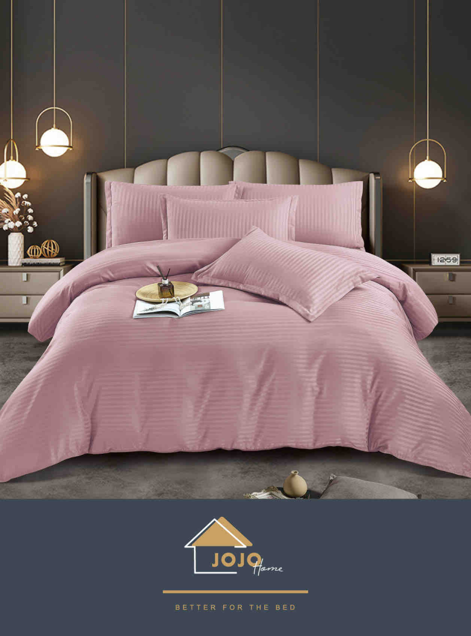 Lenjerie pat dublu cu 6 piese,damasc satinat,cearceaf cu elastic,dungi 1cm,roz pudra-A1403 [3]