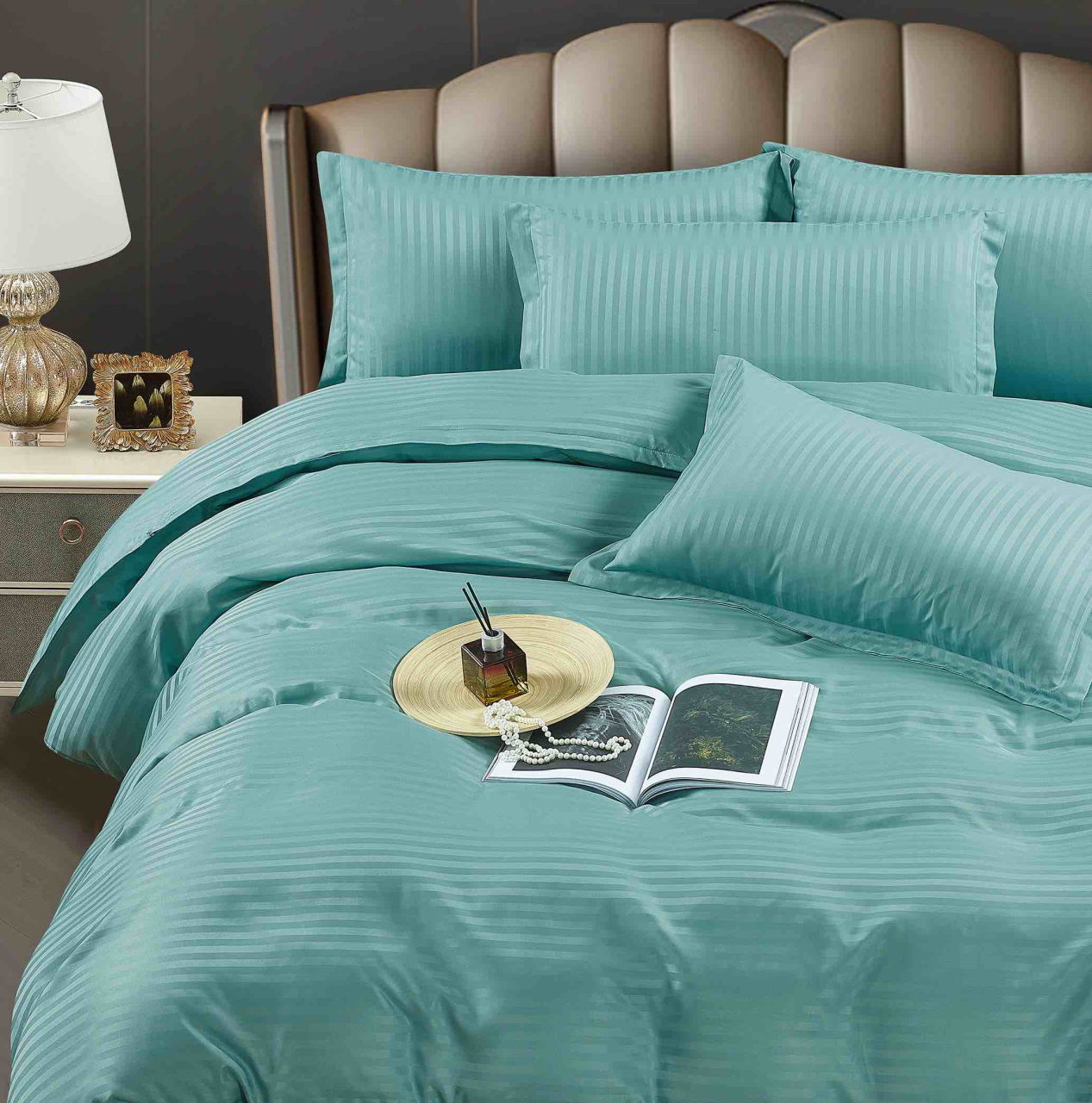 Lenjerie pat dublu cu 6 piese,damasc satinat,cearceaf cu elastic,dungi 1cm,bleu-A1397 [2]