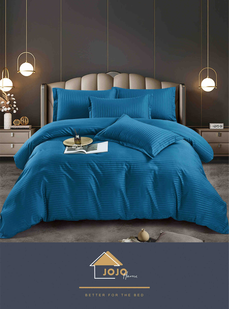 Lenjerie pat dublu cu 6 piese,damasc satinat,cearceaf cu elastic,dungi 1cm,albastra-A1405 [3]