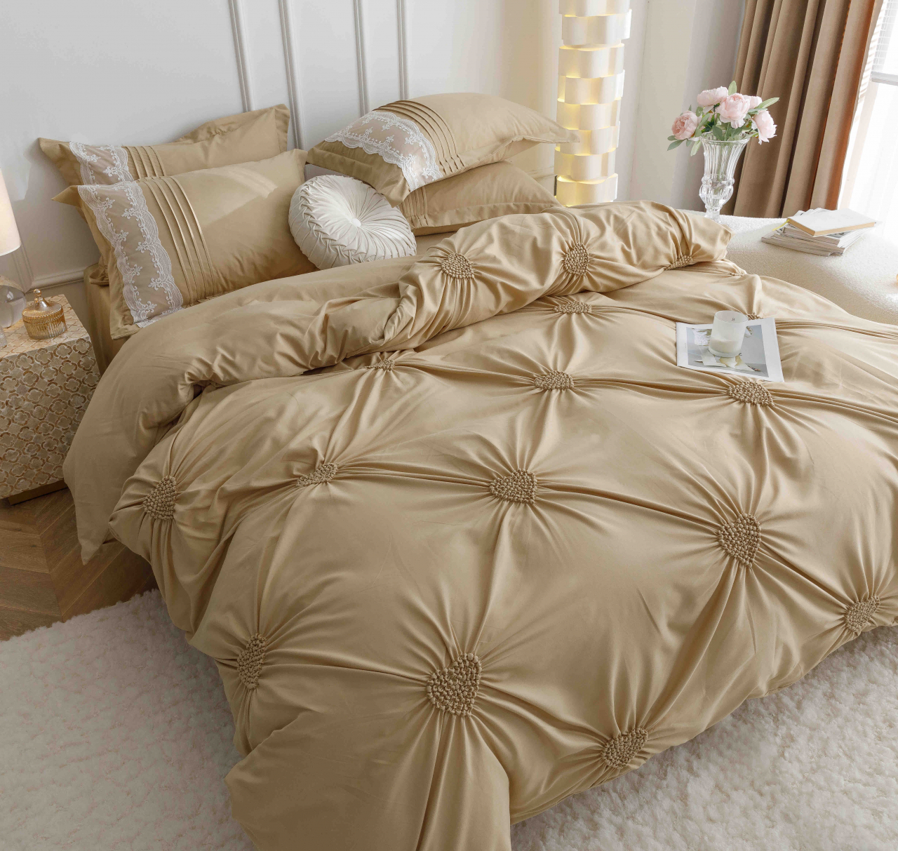 Lenjerie pat dublu cu pliuri si inimi brodate,bumbac finet,6 piese,cappuccino-A843 [3]